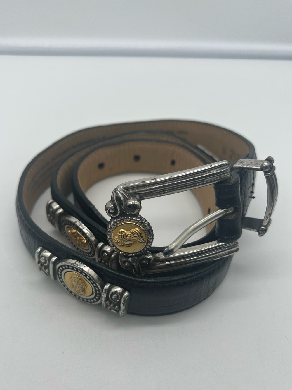 BRIGHTON MUSEUM COLLECTION 1996 Black Leather Gold and Silver Toned Coins Belt M